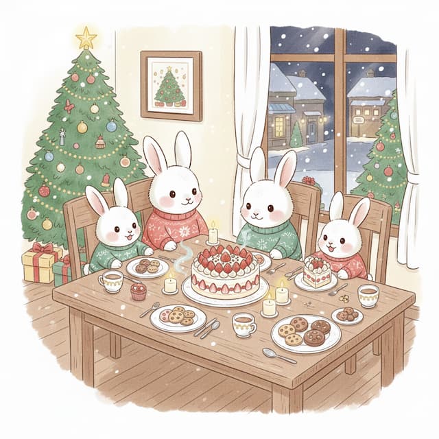 クリスマスの食卓を囲むうさぎ家族のイラスト。赤と緑のセーターを着た4匹の白うさぎが木製のダイニングテーブルに座り、中央にはいちごのデコレーションケーキが置かれている。テーブルにはクッキー、カップケーキ、温かい飲み物、キャンドルなどが並ぶ。部屋の隅にはオーナメントと星で飾られたクリスマスツリーとプレゼント、壁にはクリスマスツリーの絵が掛けられている。窓の外には雪が降り積もる冬の夜景が広がり、家々のあかりとツリーが見える。温かく幸せなホリデーの雰囲気が伝わるかわいらしいイラスト。