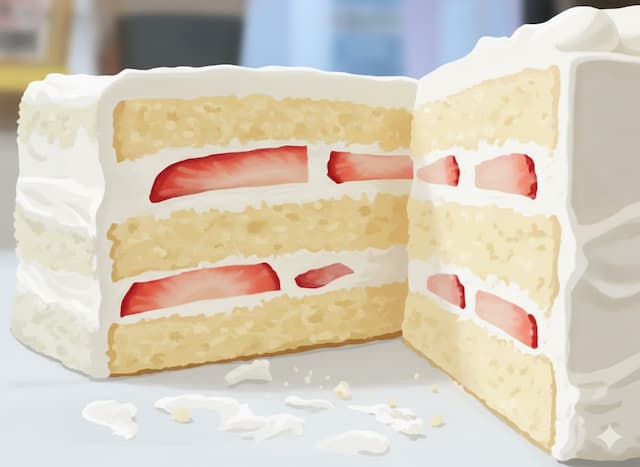 いちごのショートケーキの断面を描いたイラスト。ふわふわのスポンジケーキが3層に重なり、各層の間には白い生クリームとスライスされた真っ赤ないちごがサンドされている。外側は滑らかな生クリームで覆われ、一切れがカットされて手前に引き出されている様子。テーブルには少しケーキのくずが散らばり、背景はやわらかくぼかされている。デジタルペインティング風の美しいイラスト。