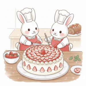 シェフ帽と赤いエプロンを身につけた2匹の白うさぎが、いちごのデコレーションケーキを作っているイラスト。ケーキの上には花のように美しく並べられたいちごと生クリームの絞り、側面にもスライスいちごが飾られている。テーブルにはボウルに入ったいちご、カットされたいちご、ミントの葉が置かれ、奥にはチョコレートのロールケーキも見える。柔らかいパステルカラーで描かれた、温かみのあるかわいらしいイラスト。