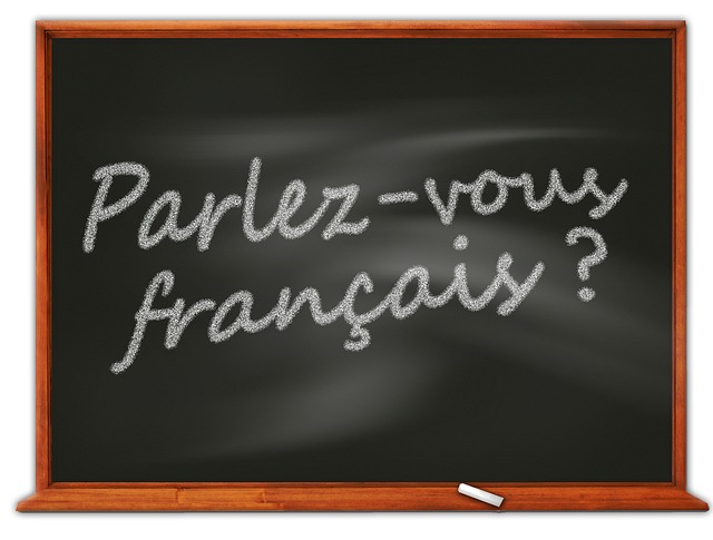 黒板に白いチョークで「Parlez-vous français ?（フランス語を話せますか？）」と書かれたイラスト